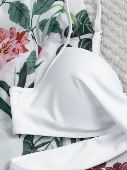 Three Pieces Bikini Set Cover Up Women 2023 New Push Up Twist Swimsuit Print Long Sleeve Swimwear Biquini Bathing Suit Summer