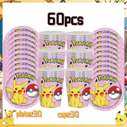 Pink Pokemon Birthday Party Decoration Disposable Tableware Set Pikachu Tablecloth Cup Plate Baby Shower Kids Diy Party Supplies