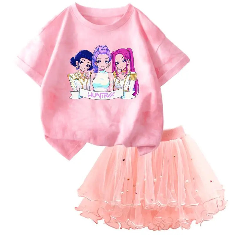 Girls' K-Pop HUNTRX Princess Set: Tie-Dye Graphic Tee & Pearl Tutu Skirt 2-Piece Outfit