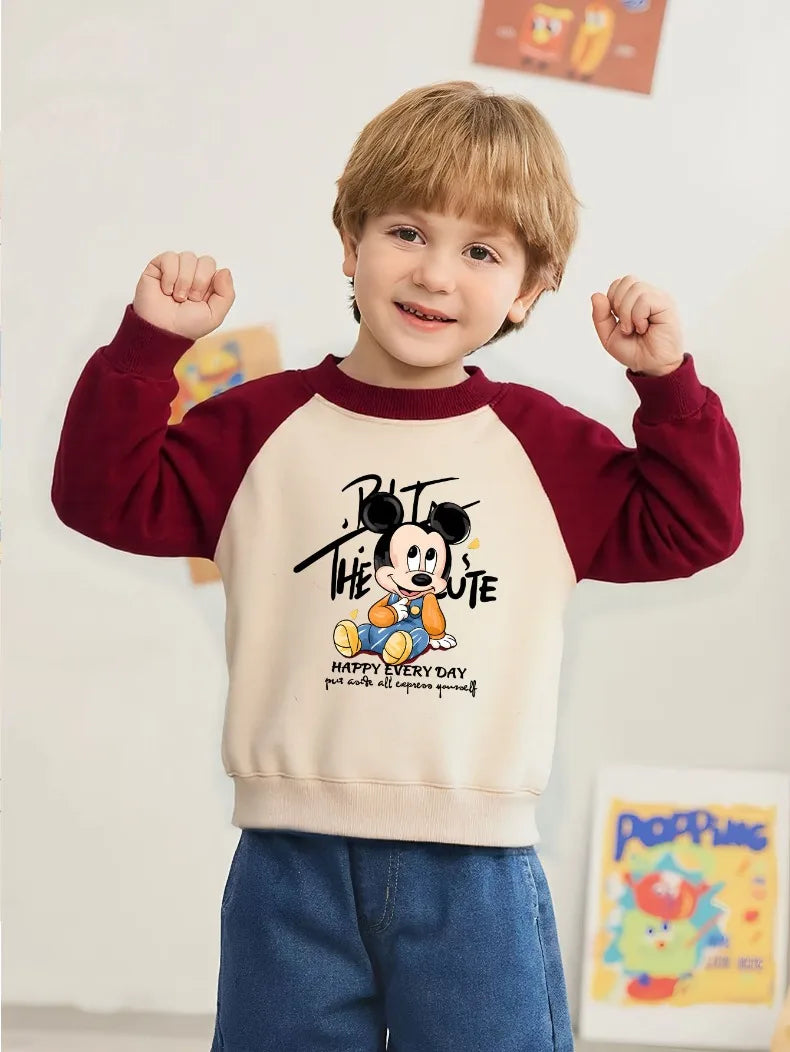 Mickey Printed Spring Autumn New Children Sweatshirts Kids Fashion O Neck Hoodies Baby Boys Spliced Long Sleeved Casual Pullover