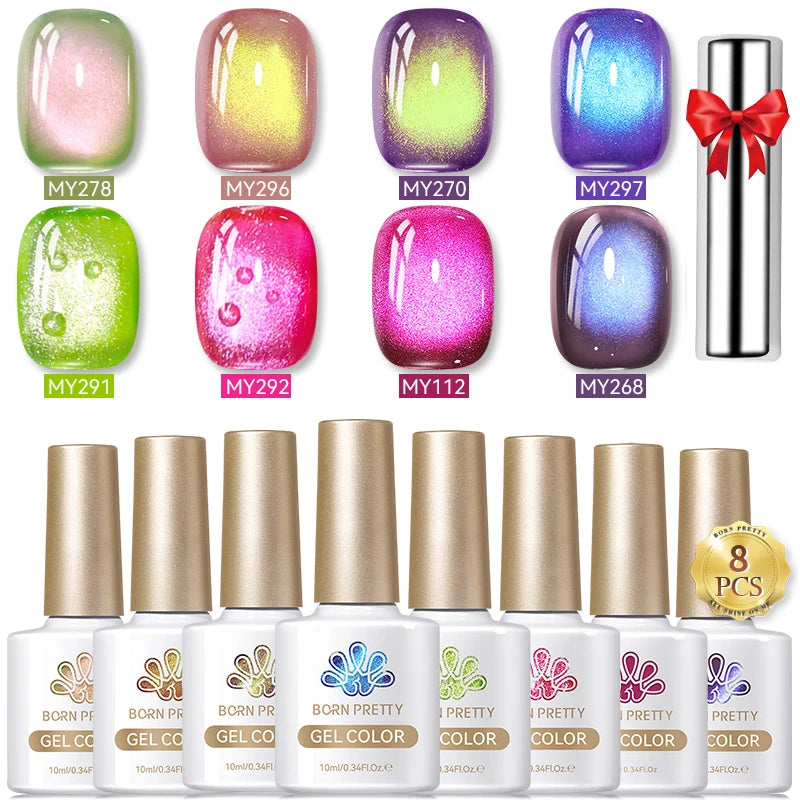 BORN PRETTY 8Pcs Glitter Cat Magnetic Nail Gel Polish Set Moonlight Transparent Summer Semi Permanent UV Gel Soak Off Nail Gel