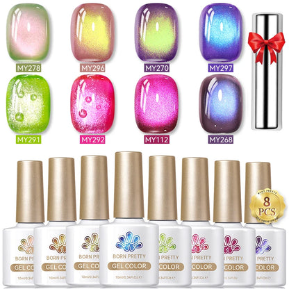 BORN PRETTY 8Pcs Glitter Cat Magnetic Nail Gel Polish Set Moonlight Transparent Summer Semi Permanent UV Gel Soak Off Nail Gel