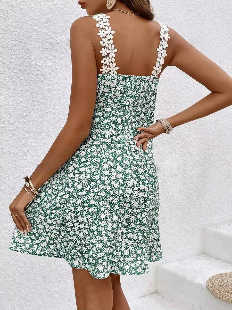 Women Dress Floral Lace Trim Spaghetti Strap A Line Mini Dress Boho Spring Summer Romantic Beach Vacation Flowy Comfy Outfit