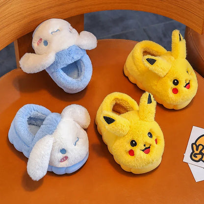 Cartoon Pikachu Figures Cotton Slippers Cover Heel Anime Peripheral Cute Flat Autumn/Winter Warm Plush Slippers Christmas Gifts