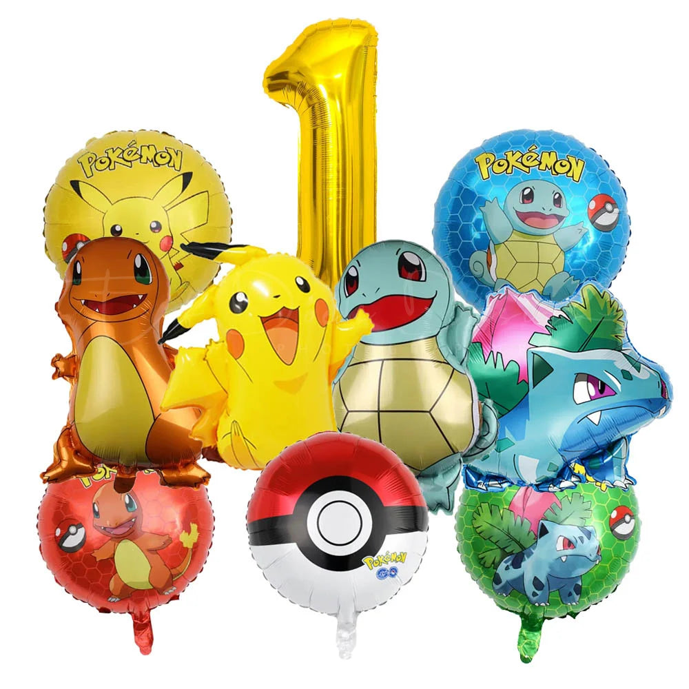 10pcs Cartoon Theme Party Balloon jump Pikachu Little Fire Dragon Jenny Turtle Foil Balloon Kids Birthday Party Decoration Gifts