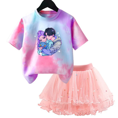Girls' K-Pop HUNTRX Princess Set: Tie-Dye Graphic Tee & Pearl Tutu Skirt 2-Piece Outfit