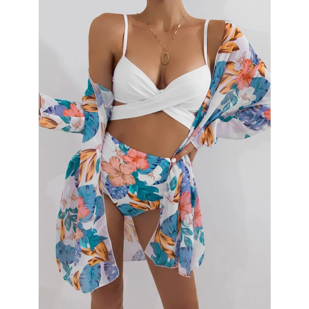 Three Pieces Bikini Set Cover Up Women 2023 New Push Up Twist Swimsuit Print Long Sleeve Swimwear Biquini Bathing Suit Summer