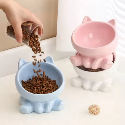 Cute Ceramic Cat Bowl with High Feet Dog Drinking Water Bowl Pet Supplies Cervical Spine Protection Diagonal Design Accessories