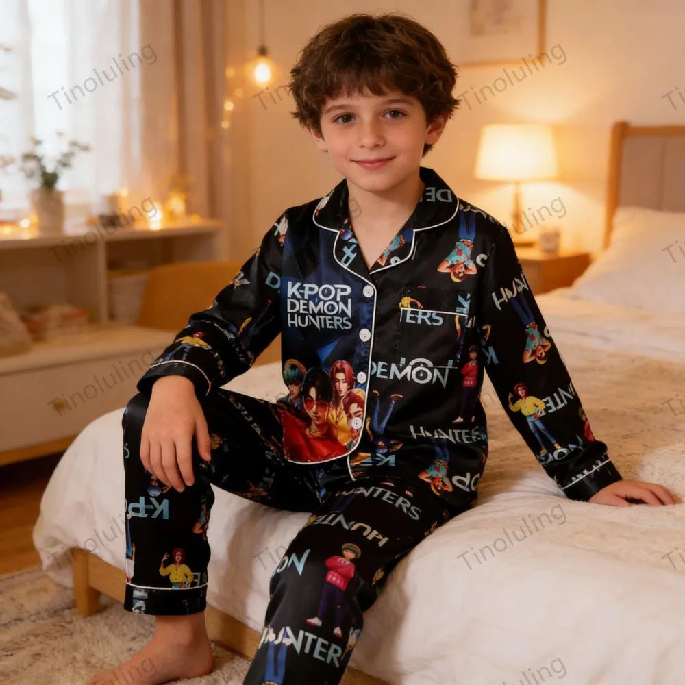 Kids' K-Pop Demon Hunters Satin Pajama Set: Long Sleeve Luxury Sleepwear