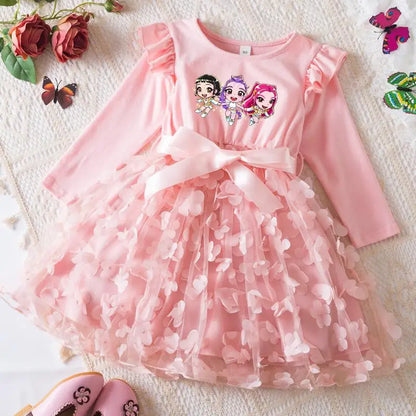 Girls' K-Pop HUNTRX "Butterfly Dreams" Dress: Long Sleeve 3D Applique Tutu Princess Gown