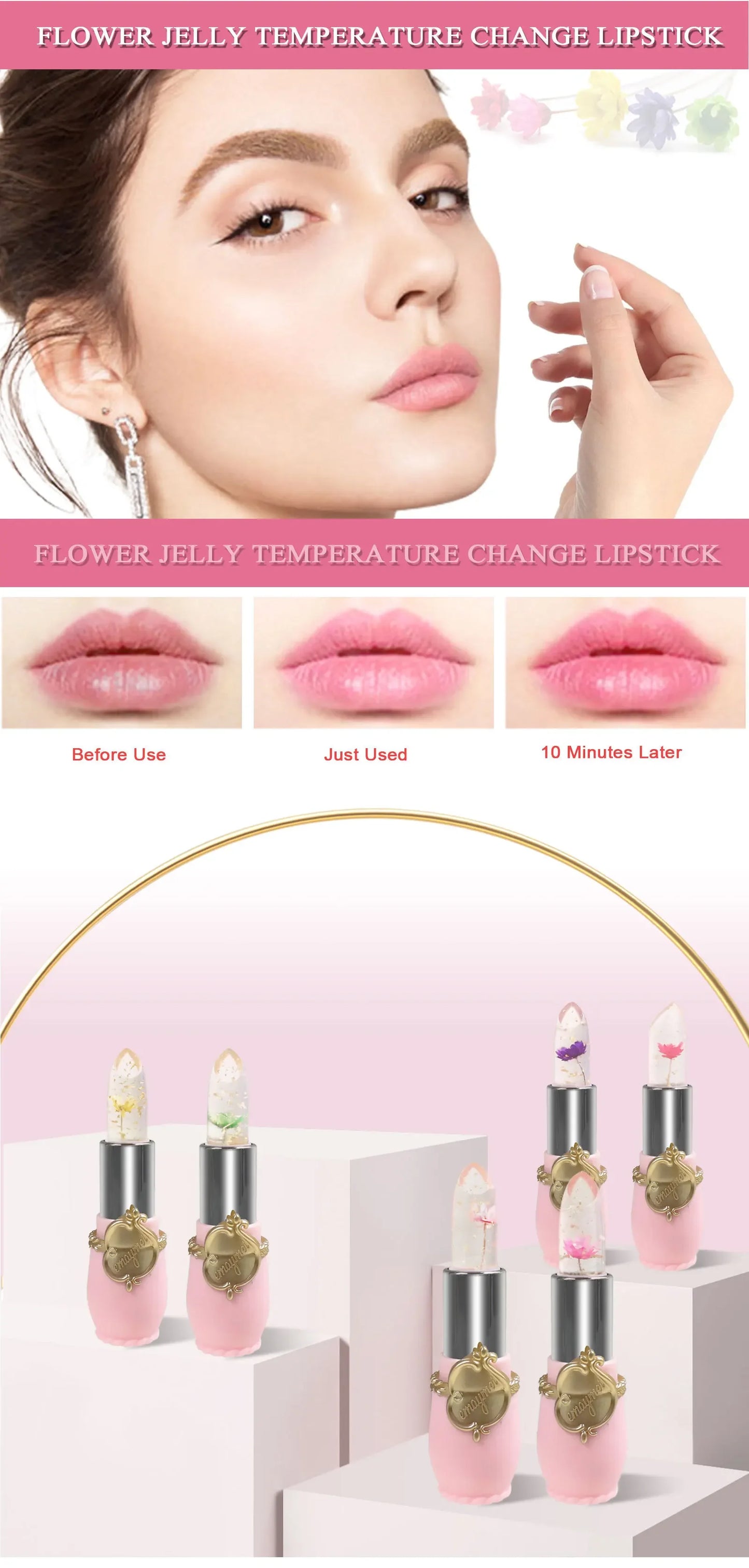 6pcs Make Up Lipstick Set Dry Flower Jelly Crystal Clear Long Lasting Moisturizing Lips Color Change Pink Lip Gloss Cosmetics