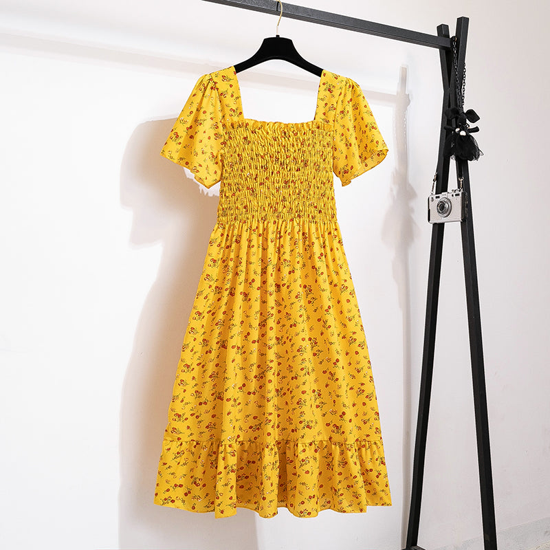 Floral Chiffon Smocked Midi Dress: Butterfly Sleeve Square Neck A-Line Gown