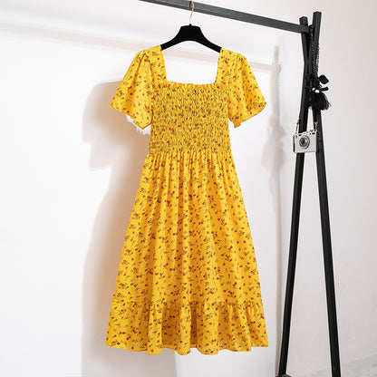 Floral Chiffon Smocked Midi Dress: Butterfly Sleeve Square Neck A-Line Gown