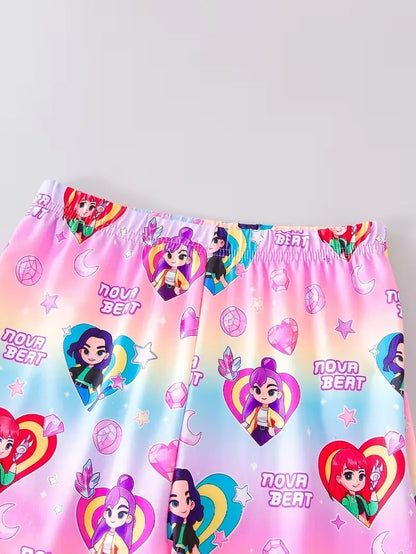 Girls' K-Pop "Nova Beat" Chibi Edition Set: Pink Graphic Tee & Pastel Flared Pants