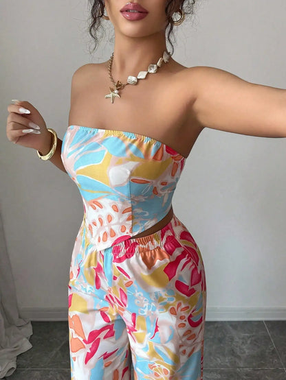 2pcs Set Halter Tie Bow Crop Top And Wide Leg Printed Pants For Women