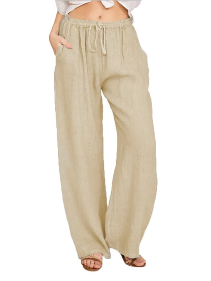 Loose Linen-Blend Wide Leg Casual Pants: Breathable Drawstring Summer Trousers