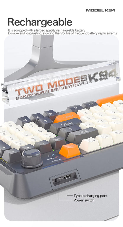 K94 Wireless Gaming Keyboard, BT 5.0/2.4GHz With Dual Mode 2-in-1 Receiver, 95 Keys TKL Rainbow LED Backlit Quiet Keyboard For