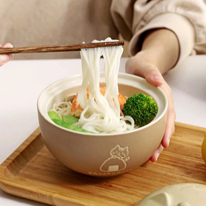 Cartoon Cat Ceramic Noodle Bowl with Lid 🐱🍜