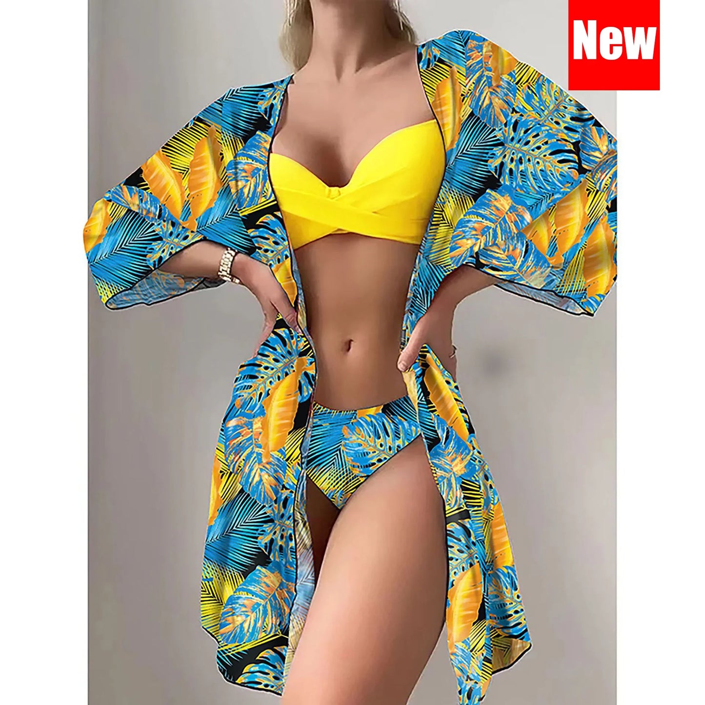 Three Pieces Bikini Set Cover Up Women 2023 New Push Up Twist Swimsuit Print Long Sleeve Swimwear Biquini Bathing Suit Summer