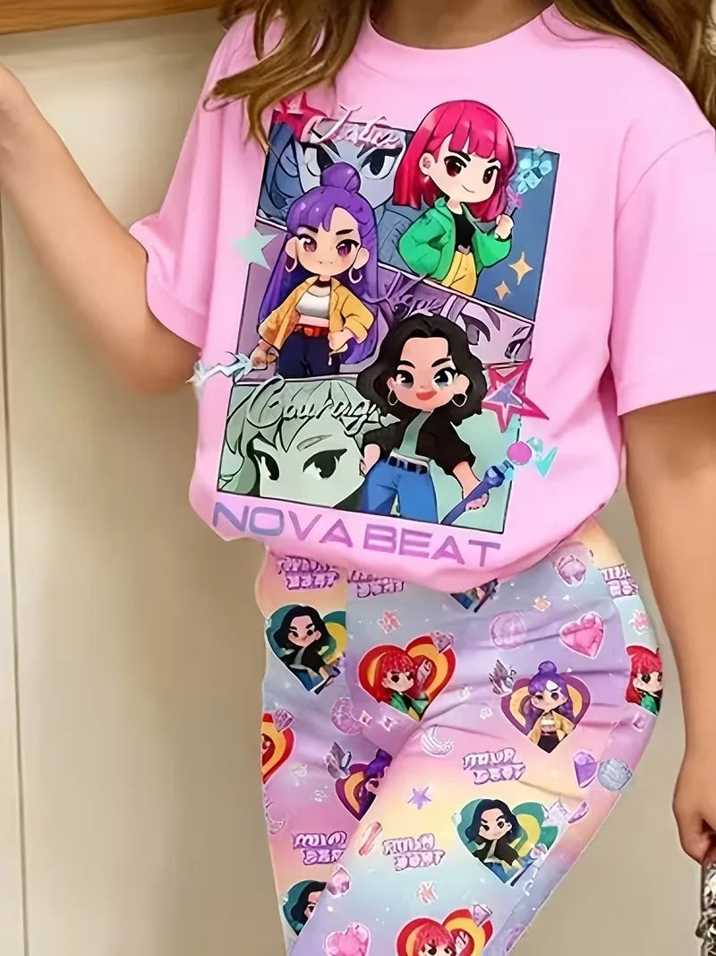 Girls' K-Pop "Nova Beat" Chibi Edition Set: Pink Graphic Tee & Pastel Flared Pants