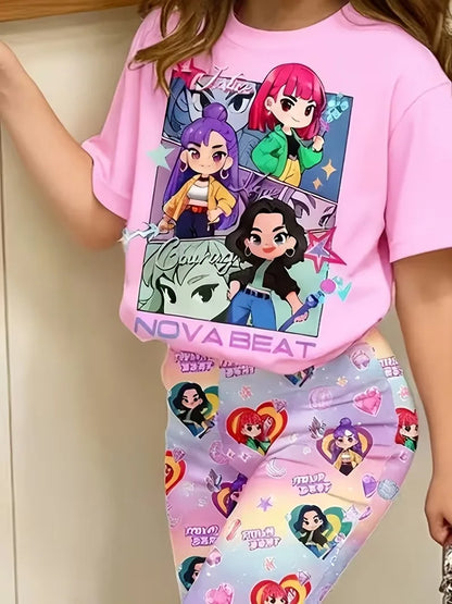 Girls' K-Pop "Nova Beat" Chibi Edition Set: Pink Graphic Tee & Pastel Flared Pants