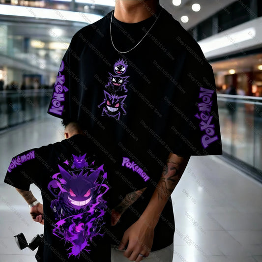Pokémon Animation Derivatives Gengar Printing T-shirt Men's and Women's Summer Oversize Loose Cotton Street Trend Brand Top