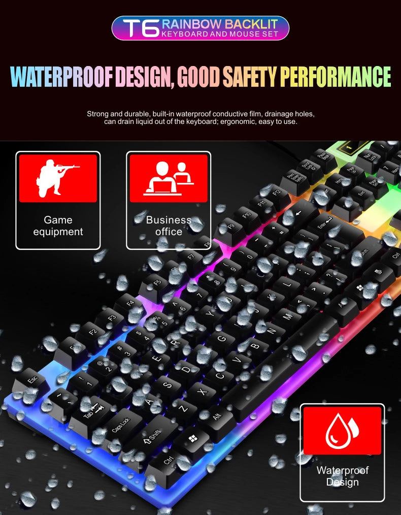 Colorful LED Backlit USB Keyboard and Mouse Combo, Comfortable Grip, Durable and Wear-Resistant. Suitable for Business, Office,