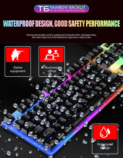 Colorful LED Backlit USB Keyboard and Mouse Combo, Comfortable Grip, Durable and Wear-Resistant. Suitable for Business, Office,