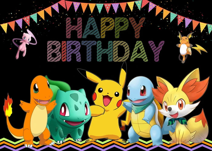 Cartoon Pikachu Charmander Monster Theme Background Cloth Happy Birthday Party Baby Shower Supplies Decor Banner Shooting Props