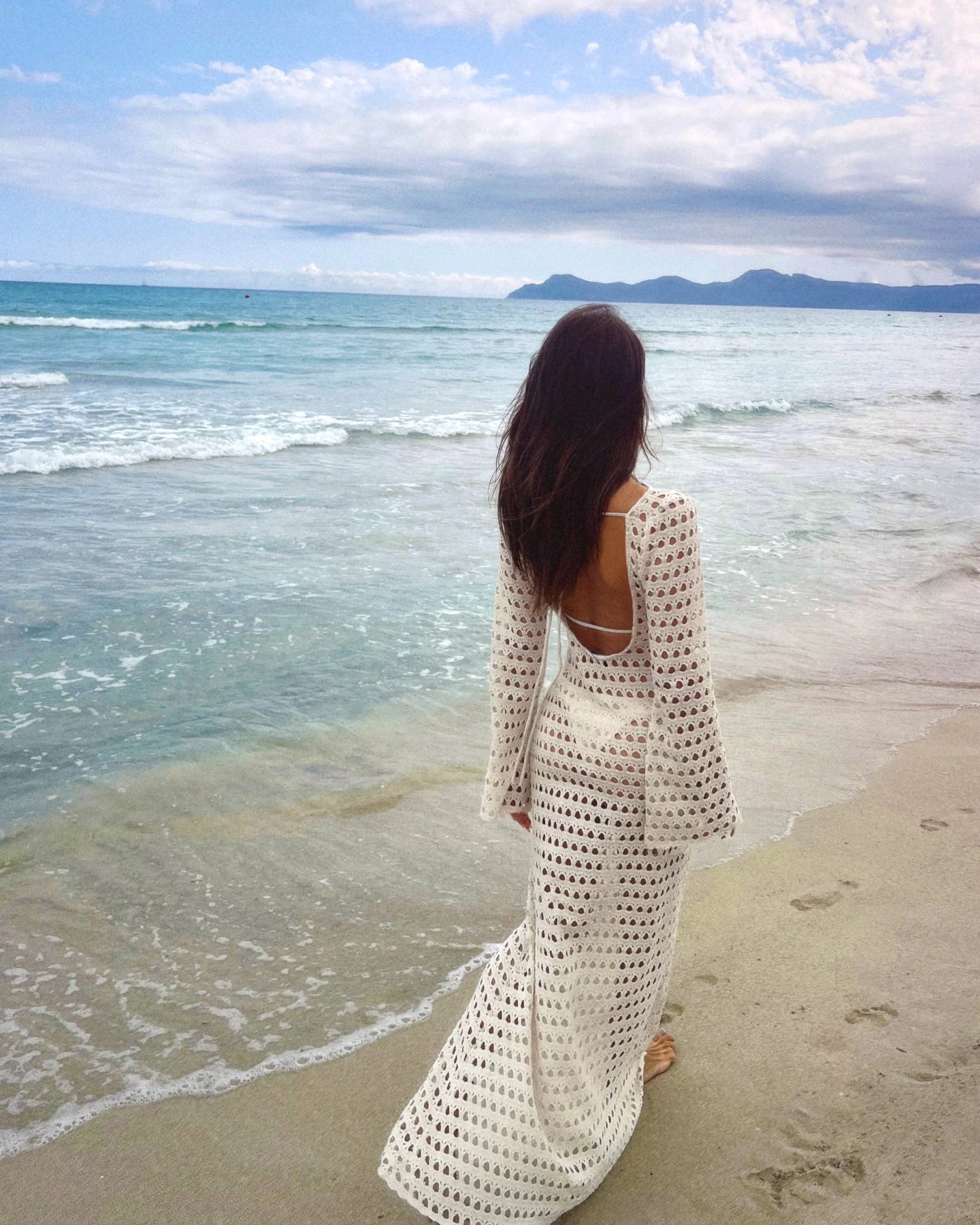 Sexy Knit Mesh Backless Long Bell Sleeve Beach Maxi Dress 2026 Women's Summer Slim Outfits Vacation Swimsuit Cover Up Tunic K205