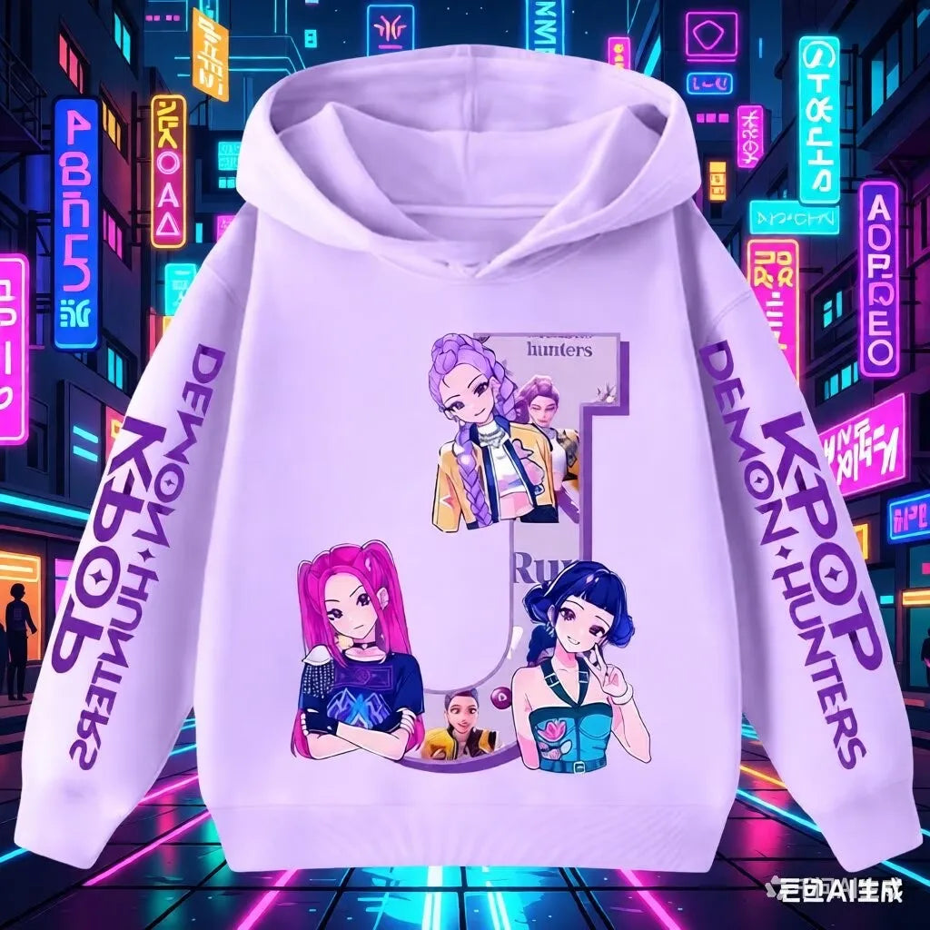 Hoodie for children with letters A-Z, Kpop Demon Hunters sportswear for girls, casual top for autumn and winter long sleeve