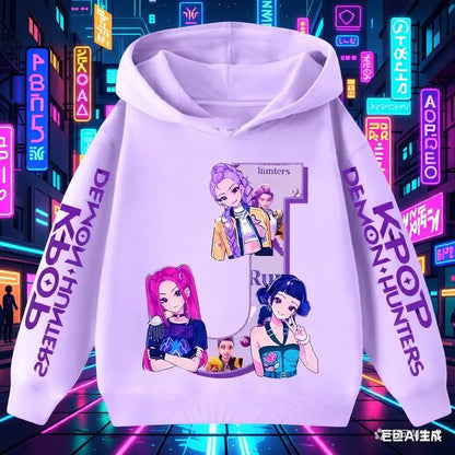 Hoodie for children with letters A-Z, Kpop Demon Hunters sportswear for girls, casual top for autumn and winter long sleeve