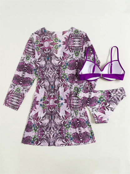 Three Pieces Bikini Set Cover Up Women 2023 New Push Up Twist Swimsuit Print Long Sleeve Swimwear Biquini Bathing Suit Summer