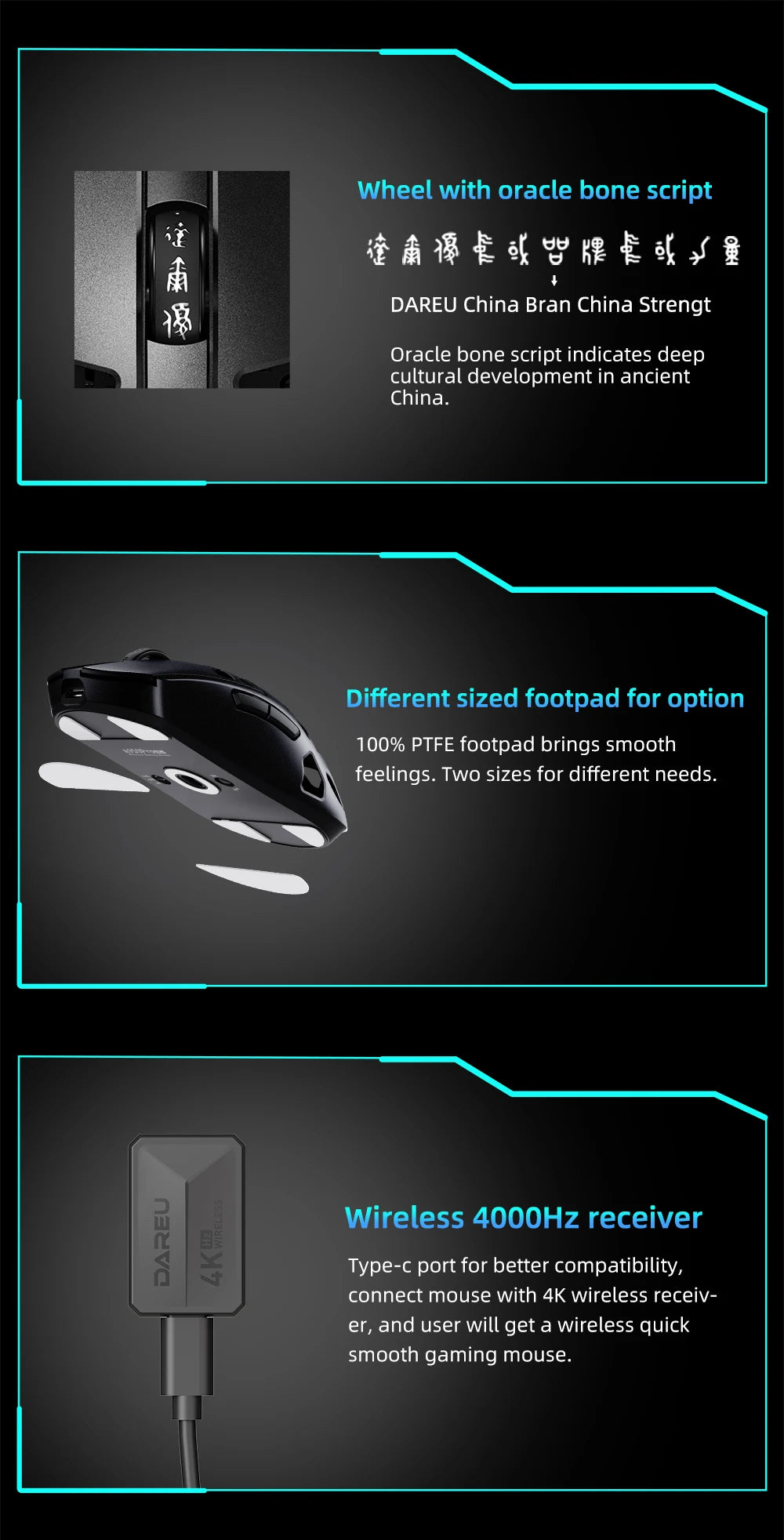 DAREU Al-mg Tri-mode 8Khz PBT Wireless Gaming Mouse Quick Charge PAW3950 30000 DPI Lightweight for PC Gamer