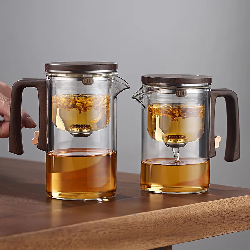New Water Separation Inner Container Teapot One Click Magnetic Switch Tea Separation Filtration Glass Tea Pot Wood Handle Tea