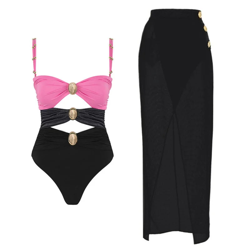 2024 Sexy Women's Swimsuit with Skirt One-Piece Swimwear Vintage Ruffle V Neck Cover Up Bikinis Set Beachwear Bathing Suit