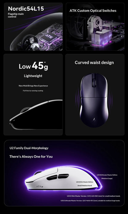 NEW ATK U2/V2 PAW3950 8K Wireless Gaming Mouse 3mode Double 39g Lightweight E-Sport Mouse Custom Accessory Computer Office Work