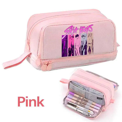 KPOP Pencil Case Student Storage Bag Stationery Large Space Storage 4 Compartment Pouch Double Side Opened