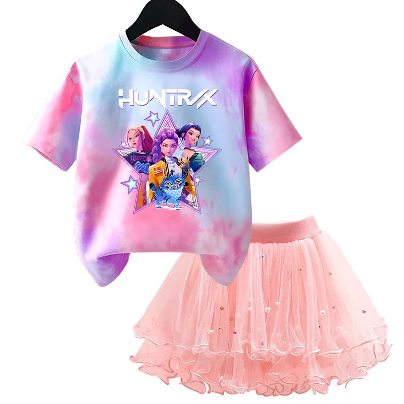 Girls' K-Pop HUNTRX Princess Set: Tie-Dye Graphic Tee & Pearl Tutu Skirt 2-Piece Outfit