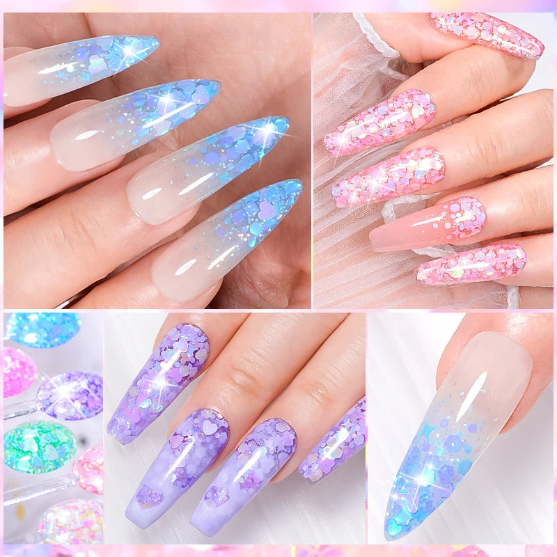 MEET ACROSS 6Pcs/Set 8ml Macaron Glitter Sequins Nail Gel Polish Heart diamond Shaped Nart Art UV Gel Varnish For Manicure