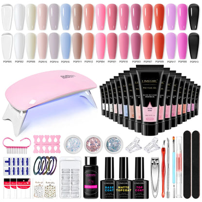 LIMEGIRL 15ML Nail Extension Gel Kit UV Gel Soaking Primer Pen Washing Water Glitter Manicure Mini LED Lamp Nail Gel Kit