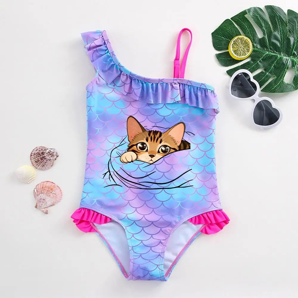 Girls' "Mermaid Heart" One-Piece Swimsuit: Colorful Scale Pattern with Asymmetric Ruffles