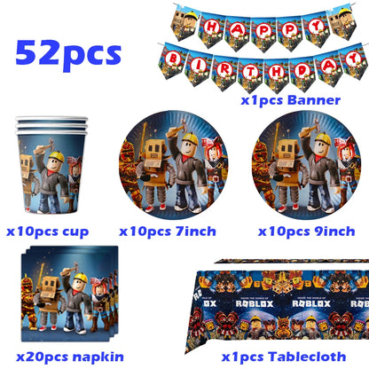 Hot Roblox Disposable Tableware Tableware Set Tablecloth Napkins Candy Box Gift Bag Kids Birthday Party Supplies Gifts