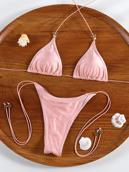 ZRTAK Triangle Bikini Set Sexy Swimwear Women 2026 Bikinis Floral Print Swimsuit Micro Thong Bandage Bathing Suits