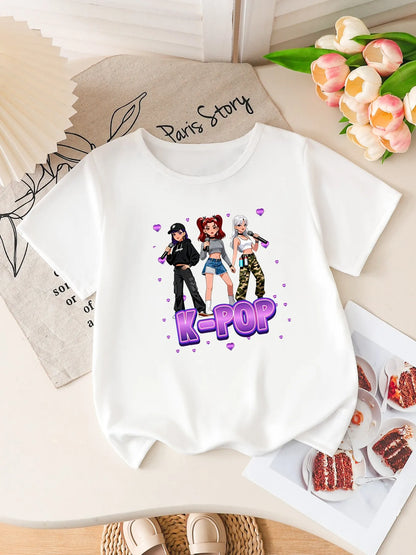 Girls K-POP Anime Print Short Sleeve T-Shirt Cute Cartoon Graphic Tee Kids Summer Casual Top