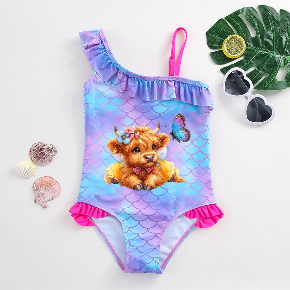 Girls' "Mermaid Heart" One-Piece Swimsuit: Colorful Scale Pattern with Asymmetric Ruffles