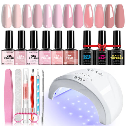 Limegirl Gel Nail Kit with Nail Lamp, 8ml Morandi Set, Base/Top/Matte, 30 Days Wear, UV/LED for Home & Salon
