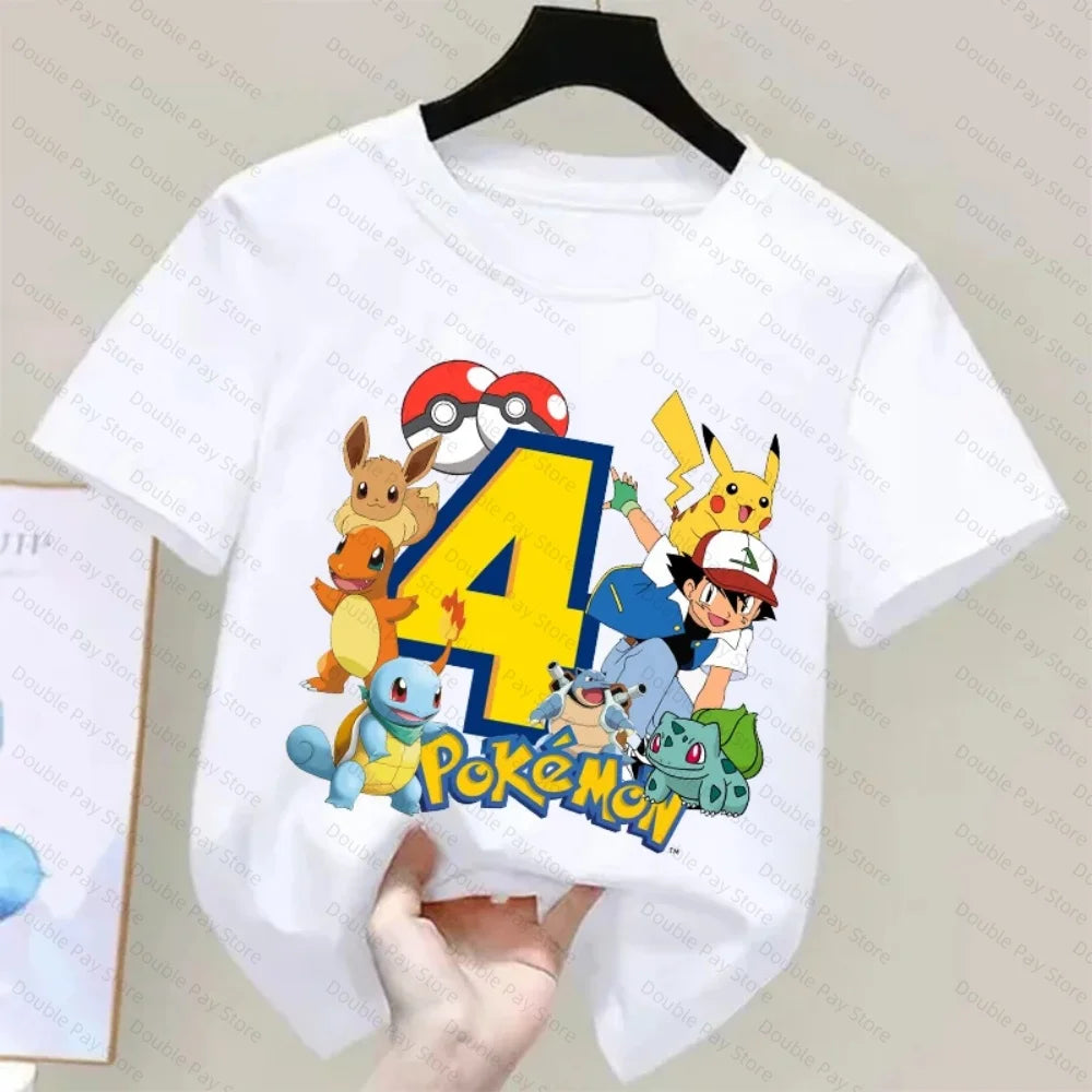 Pokemons Pikachu Kids T Shirts Birthday Number 3-8 Printed T Shirt Boys Girls Summer Casual Short Sleeves Tops Children Clothing