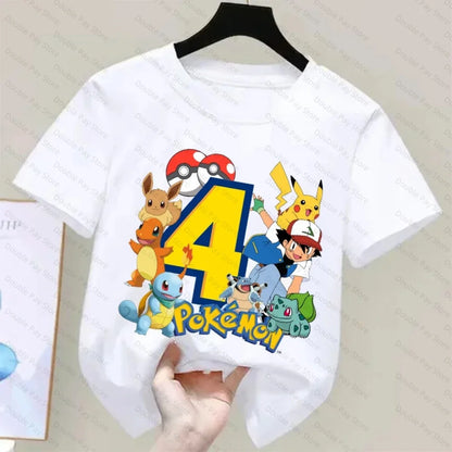 Pokemons Pikachu Kids T Shirts Birthday Number 3-8 Printed T Shirt Boys Girls Summer Casual Short Sleeves Tops Children Clothing