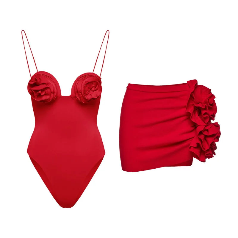 2024 Sexy Women's Swimsuit with Skirt One-Piece Swimwear Vintage Ruffle V Neck Cover Up Bikinis Set Beachwear Bathing Suit